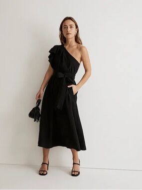 Madewell Brooke One Shoulder Ruffle Midi Belted Dress In Black Size 6
